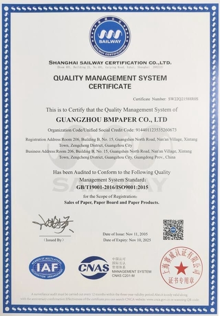 CHINA GUANGZHOU BMPAPER CO., LTD. Certificaciones