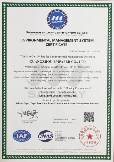 CHINA GUANGZHOU BMPAPER CO., LTD. Certificaciones